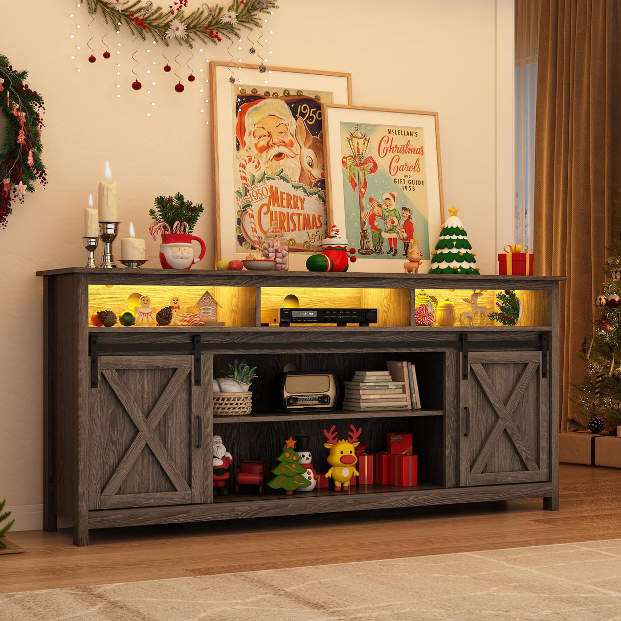 70" LED Farmhouse TV Stand for 80/75/70 Inch TVs,Tall Entertainment Center Storage Cabinets w/Power Outlets and Sliding Barn Door,Rustic TV Stands for Living Room,Media Console Cabinet (Charcoal) Hlivelood