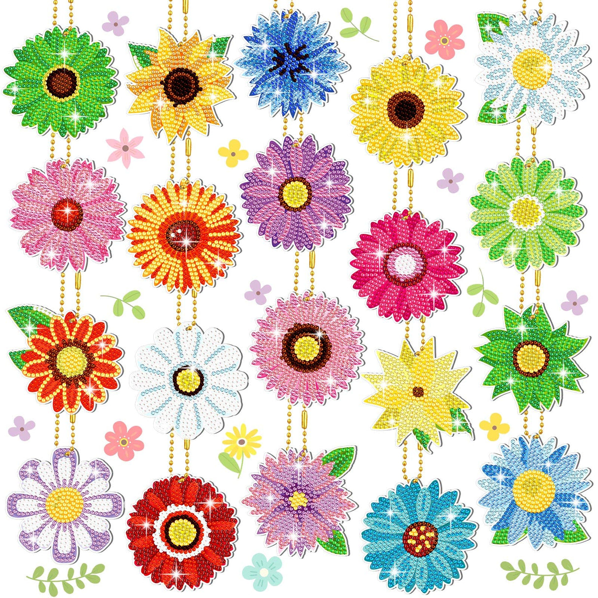 FairySandy 20 Pcs Spring Flowers Diamond Painting Keychains Daisy Diamond Art Keychains Kits for Adults Sunflower Hanging Ornaments Rhinestones Bookmarks 5D Key Rings for DIY Crafts Home Party Decor FairySandy
