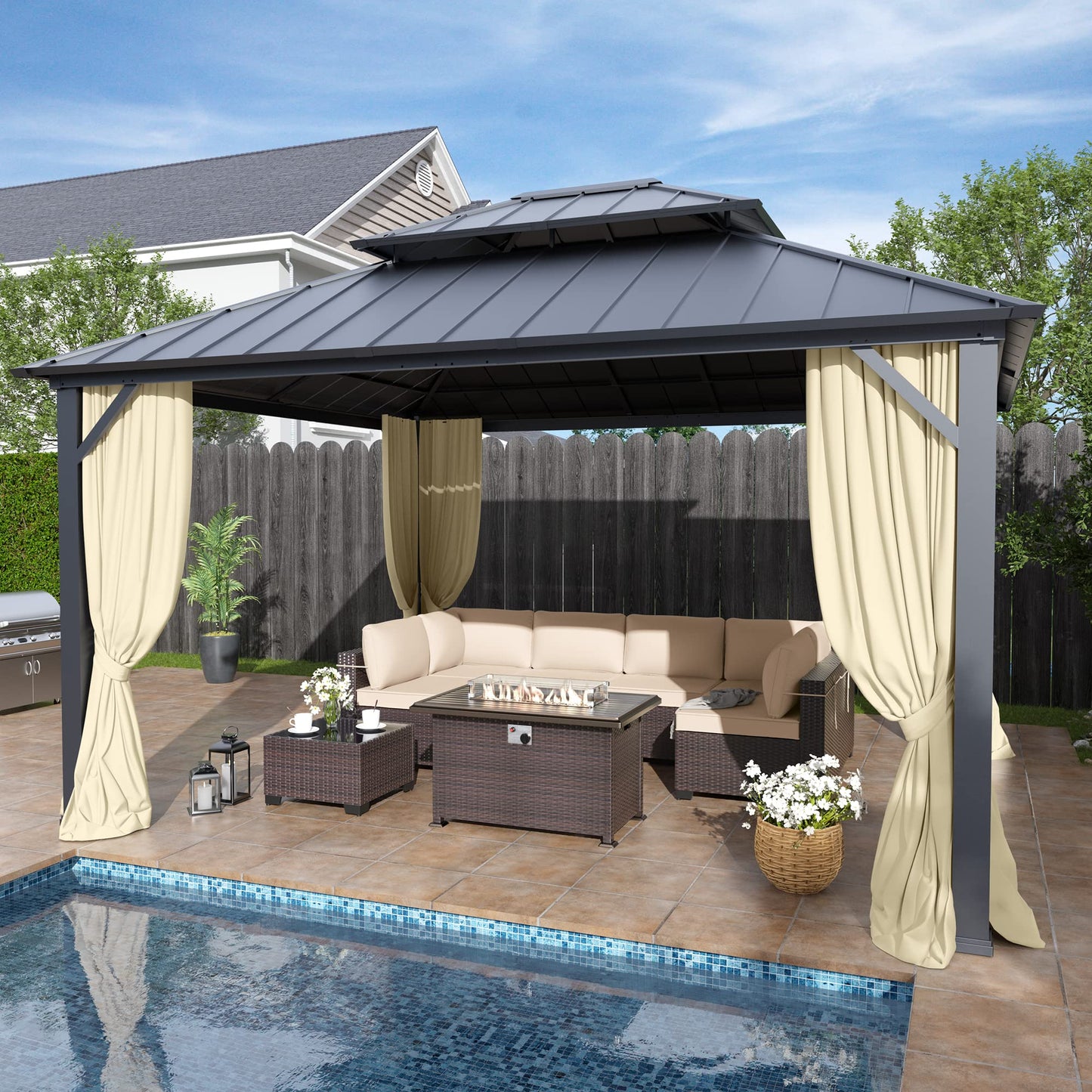 12' x 14' Hardtop Gazebo,Outdoor Galvanized Steel Metal Double Roof Gazebo with Curtains and Netting for Patios,Gardens, Lawns,Cream