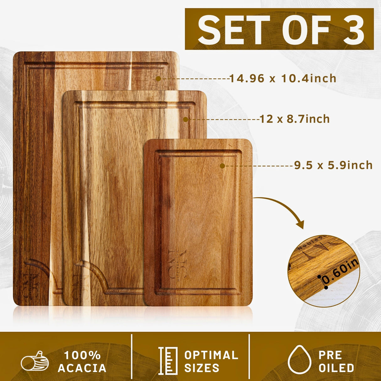 Acacia Wooden Cutting Boards for Kitchen (3 Pcs) - Acacia Wood Cutting Board Set with Deep Juice Groove and Handles, Chopping boards for kitchen, Meat, Vegetables and Cheese NobleSelect