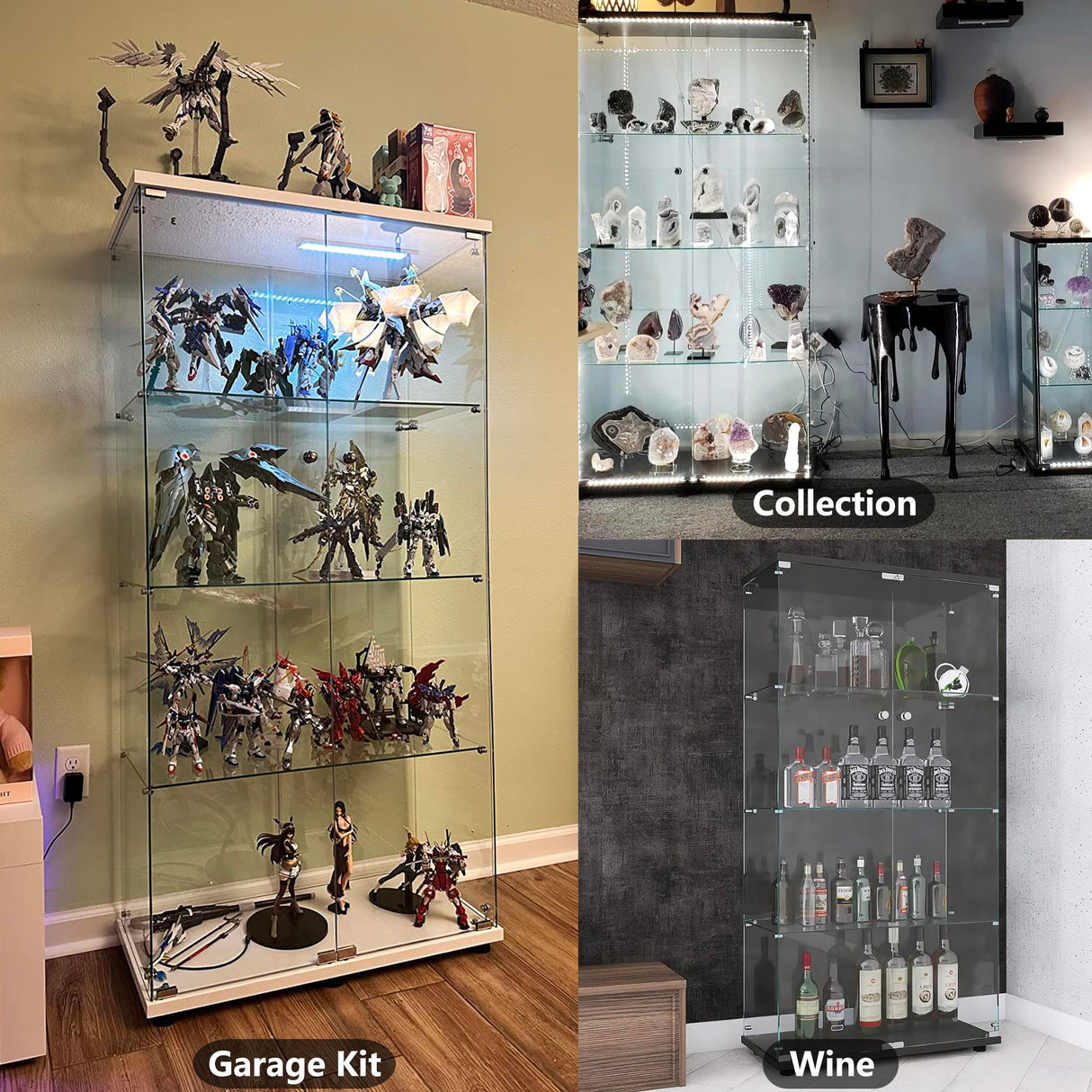 Fulocseny 64.5'' Glass Display 4-Shelf Cabinet in Clear with Two Door, White Modern Curio Cabinet Case Collection Display Case, Floor Standing Bookshelf for Living Room Bedroom Home Office (White) Fulocseny