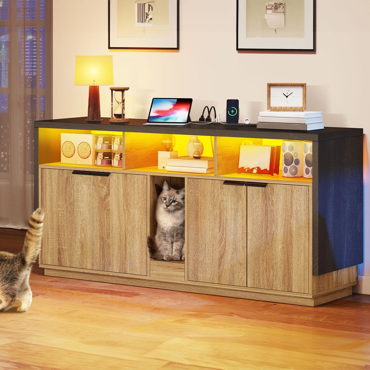 DWVO Cat Litter Box Enclosure for 2 Cats, Litter Box Furniture Hidden with Power Outlet & LED Light, Wooden Cat Cabinet TV Stand Furniture w Double Rooms for Indoor Cats, 59" L x15.7 W x27.5 H, Oak DWVO