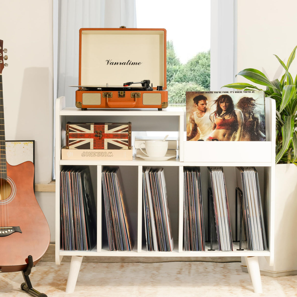 UODERS Record Player Stand, Large Record Player Table Cabinet with Open Vinyl Storage and Display Shelf Holds up to 350 Albums, Mid Century Wood Turntable for Living Room, Bedroom (White) UODERS