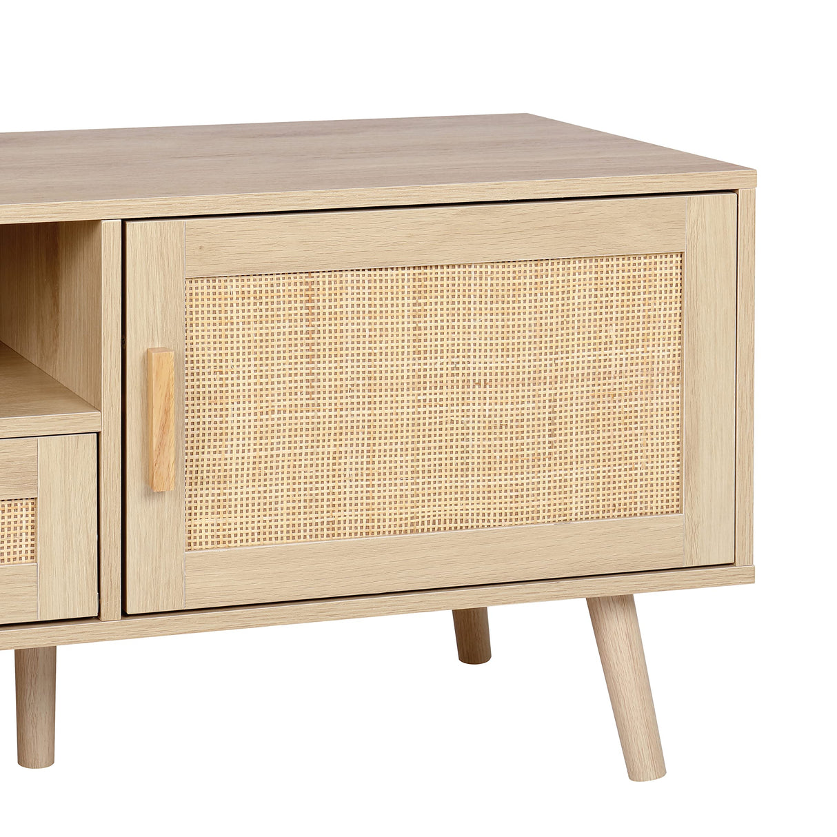 Finnhomy 59" TV Stand for up to 65 inches TV, TV console with 2 Hand Made Rattan Decorated Doors, Living Room Entertainment Center TV Table with Storage, Natural Finnhomy