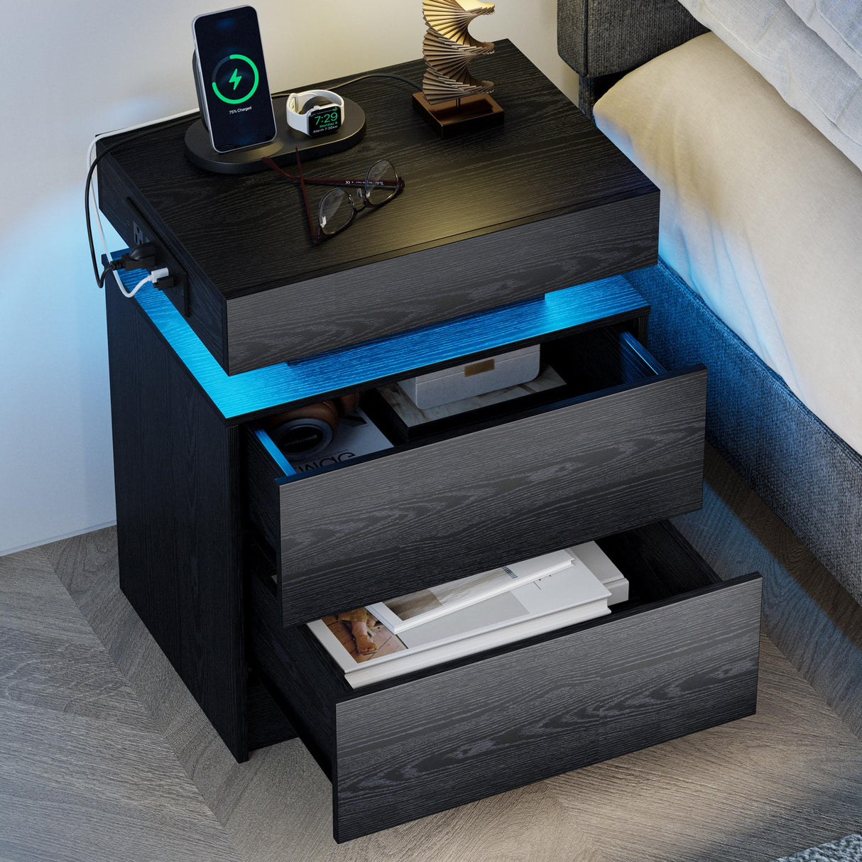 LIKIMIO Night Stand with Charging Station, Modern Black Nightstand with LED Light and Drawers, Bedside Tables/End Table for Bedroom LIKIMIO