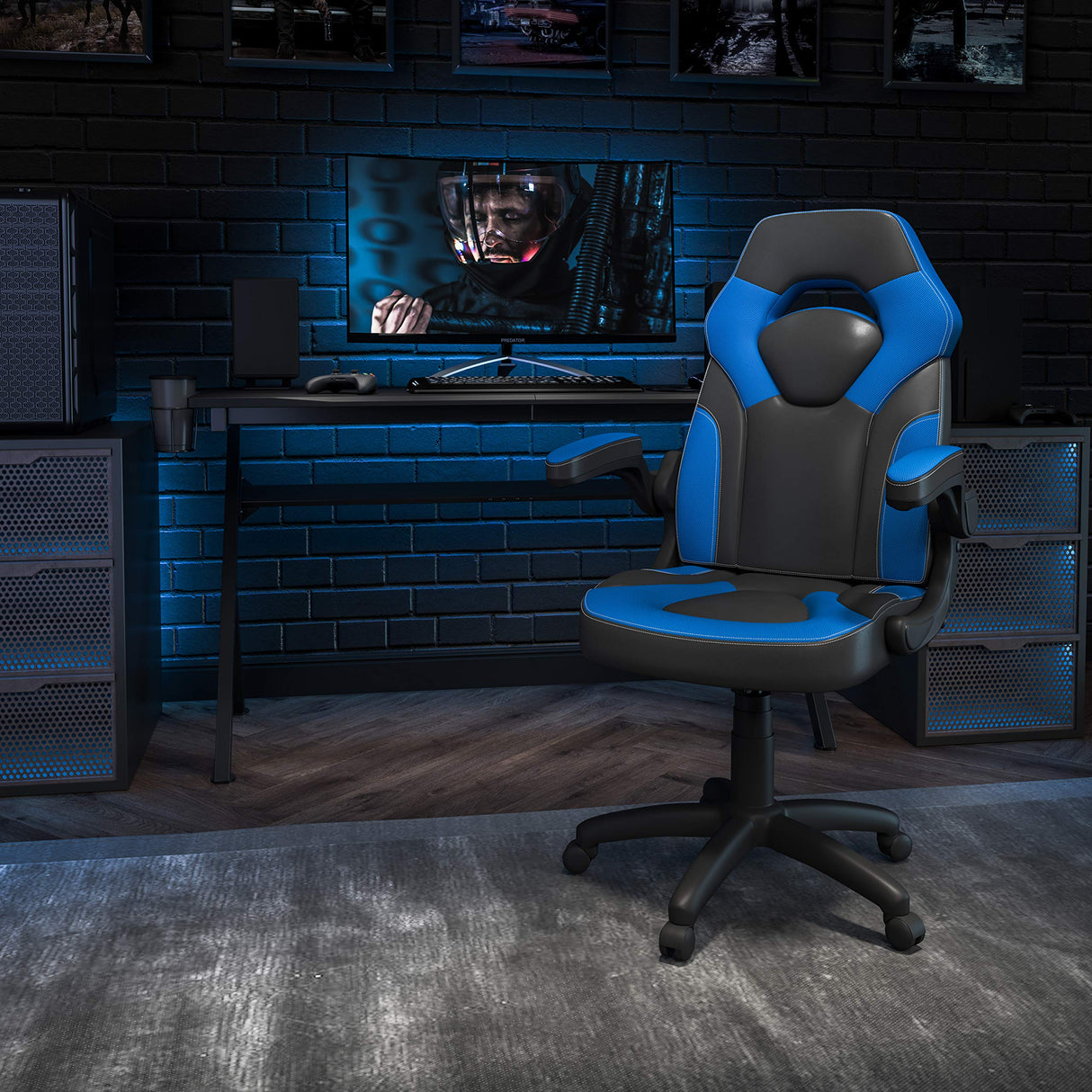 Flash Furniture X10 High-Back LeatherSoft Racing Style Gaming Chair with Flip-Up Arms, Ergonomic Padded Swivel Computer Chair, Blue/Black Flash Furniture