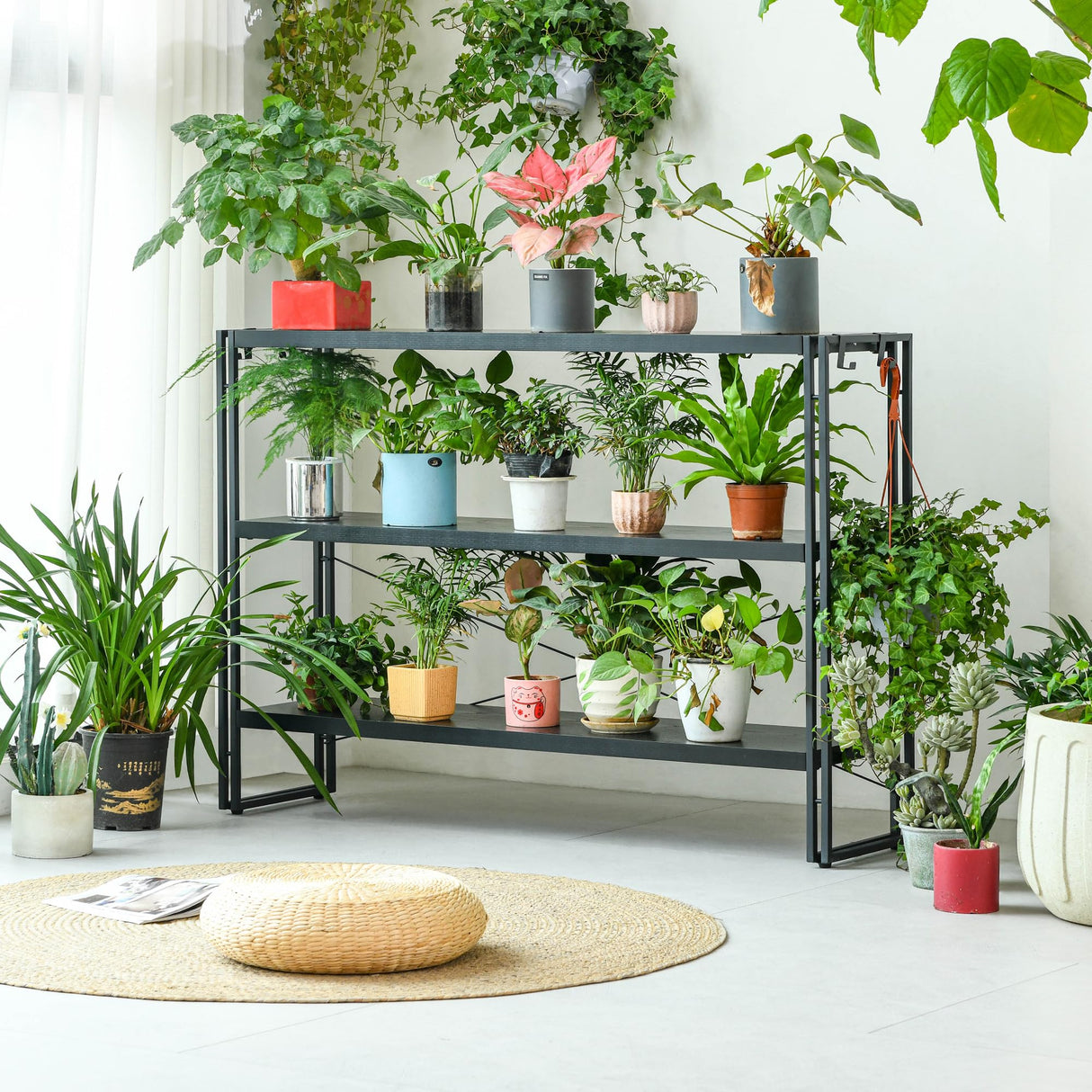 HCHQHS Bookshelf, 3-Tier Industrial Bookcase, Black Open Book Shelf, Freestanding Horizontal Bookshelves with Metal Frame HCHQHS