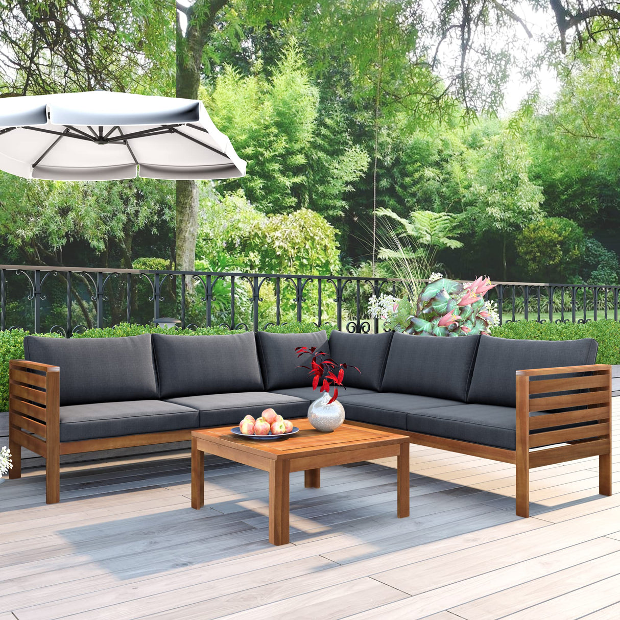 AOCHUANG Eucalyptus Wood 4 Piece Sectional Sofa Set Coffee Table Removable Cushion,Patio Seating Group L Shape Corner Garden Backyard Poolside (Natural Wood+Gray), 58.7inch x 27.6inch 25.1inch(L W H) AOCHUANG