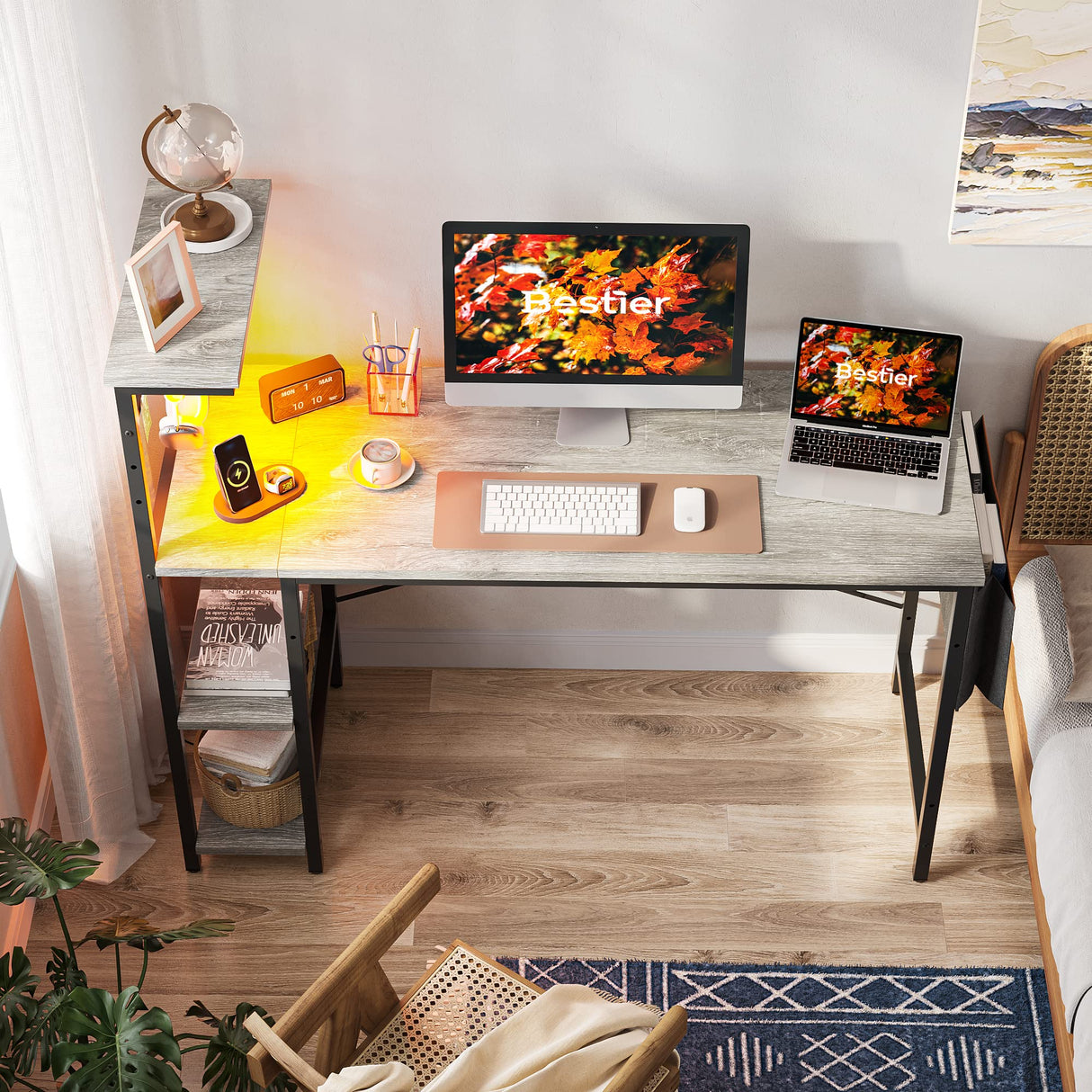 Bestier Gaming Desk with LED Lights, Computer Desk with 4 Tiers Reversible Shelves, 51.3 Inch Home Office Writing Desk with Side Storage Bag, Hooks and Height Adjustable Shelf (Retro Grey Oak) Bestier