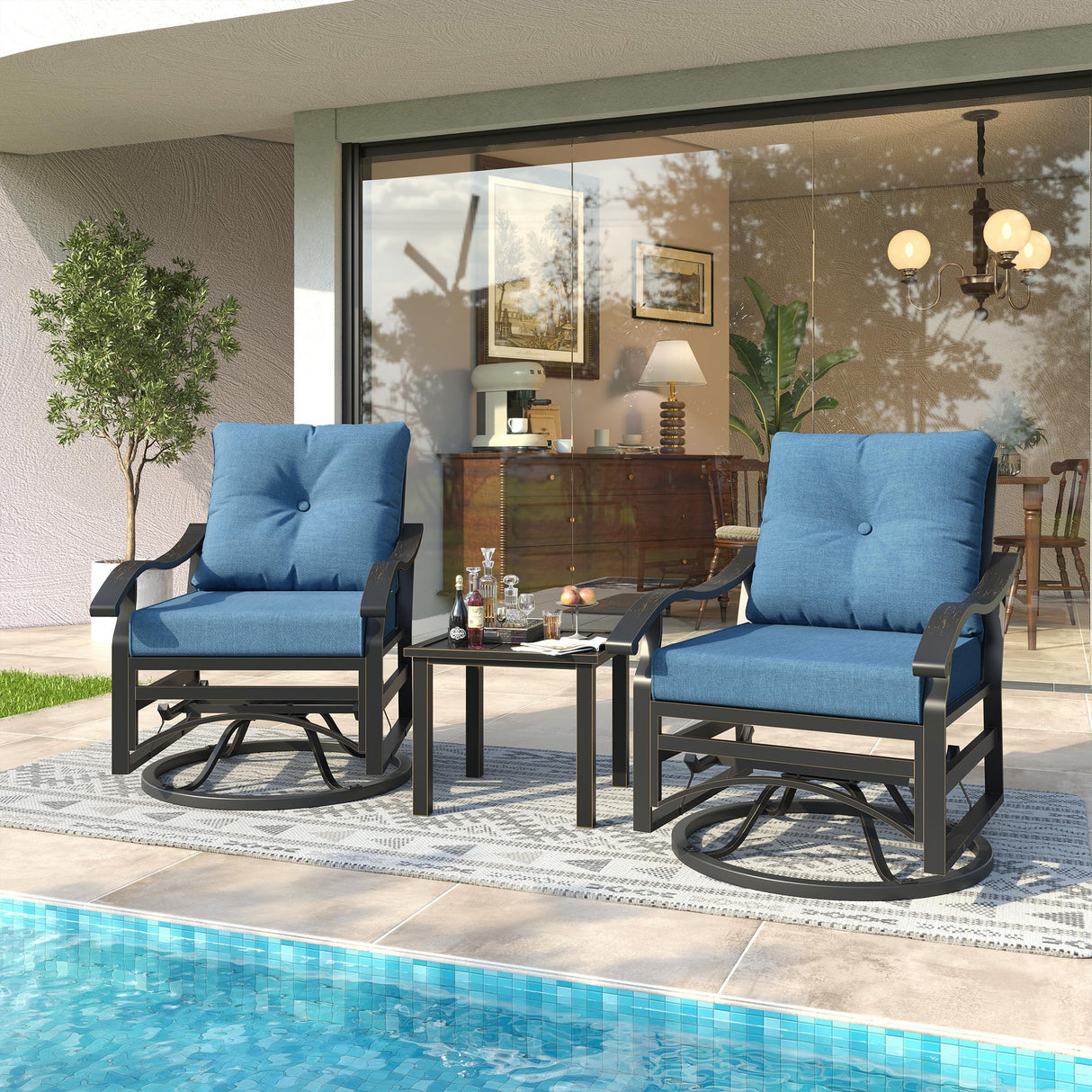 UDPATIO Outdoor Swivel Rocker Chairs, 3 Piece Metal Patio Rocking Chairs with Blue Padded Cushions Patio Bistro Furniture Set with Side Table for Porch Balcony Backyard, Blue UDPATIO