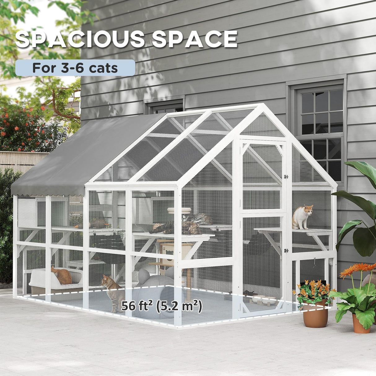 PawHut Large Catio Outdoor Cat Enclosure for Multiple Kittens, Wooden Cat House with Waterproof Cover, Walk in Kitty Cage Kennel with 2 Condos, 6 Platforms, Bridge, Doors, 110" x 73" x 74", White PawHut