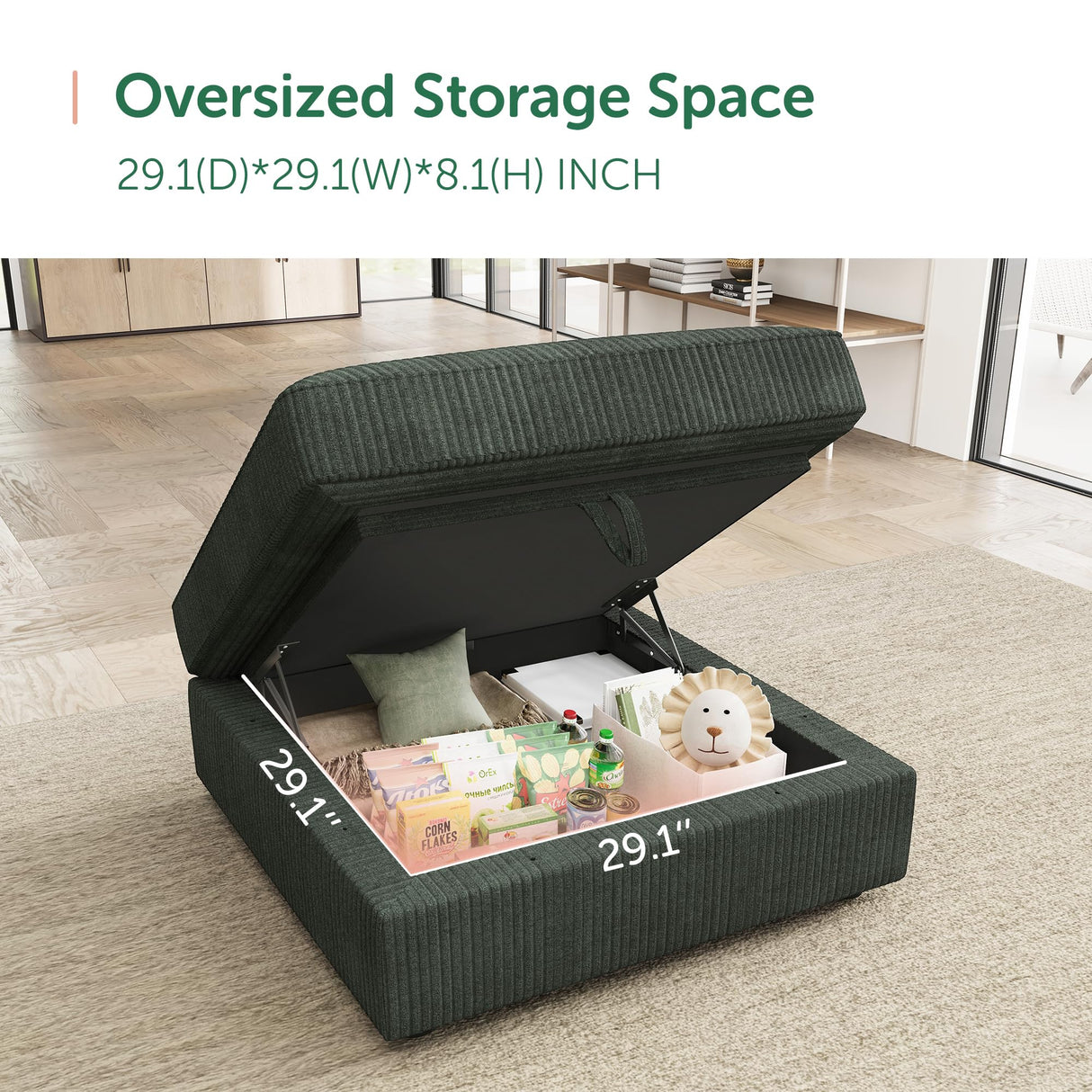 HONBAY Ottoman Module for Corduroy Modular Sectional Sofa with a Back Cushion, Storage Square Ottoman Bench for Living Room, Green HONBAY