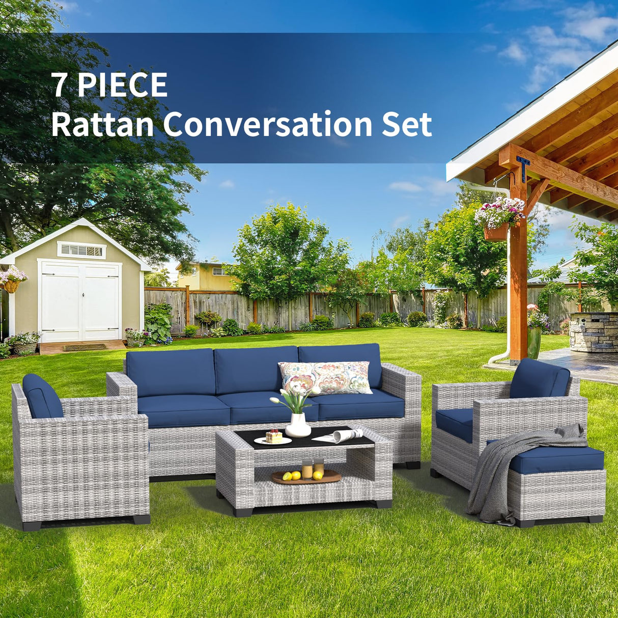 7 Piece Patio Furniture Set, Wicker Outdoor Sectional Sofa with Washable Cushion Covers and Tempered Glass Table, Rattan Conversation Set for Poolside, Lawn, Balcony (Navy Blue, Gray-white Rattan) SHGJ&SOFT