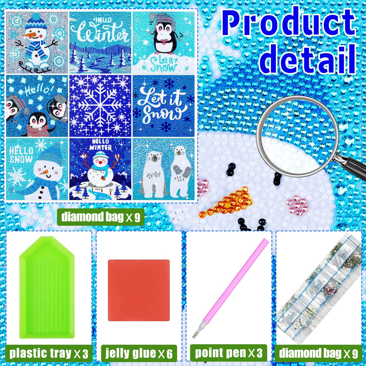 Charniol 9 Pcs Winter 5D Diamond Painting Kits 5D Drill Round Crystal Rhinestone Handmade Creative Art Crafts Snowman Snowflake for Home Wall Decor and Adults Kids DIY (Snowman, Snowflake) Charniol