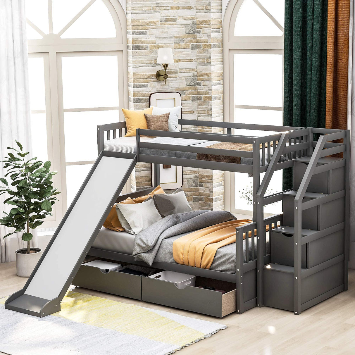 Harper & Bright Designs Twin Over Full Bunk Bed with Stairs and Slide, Multifunction Wood Bunk Bed with Storage Drawers, Gray Harper & Bright Designs