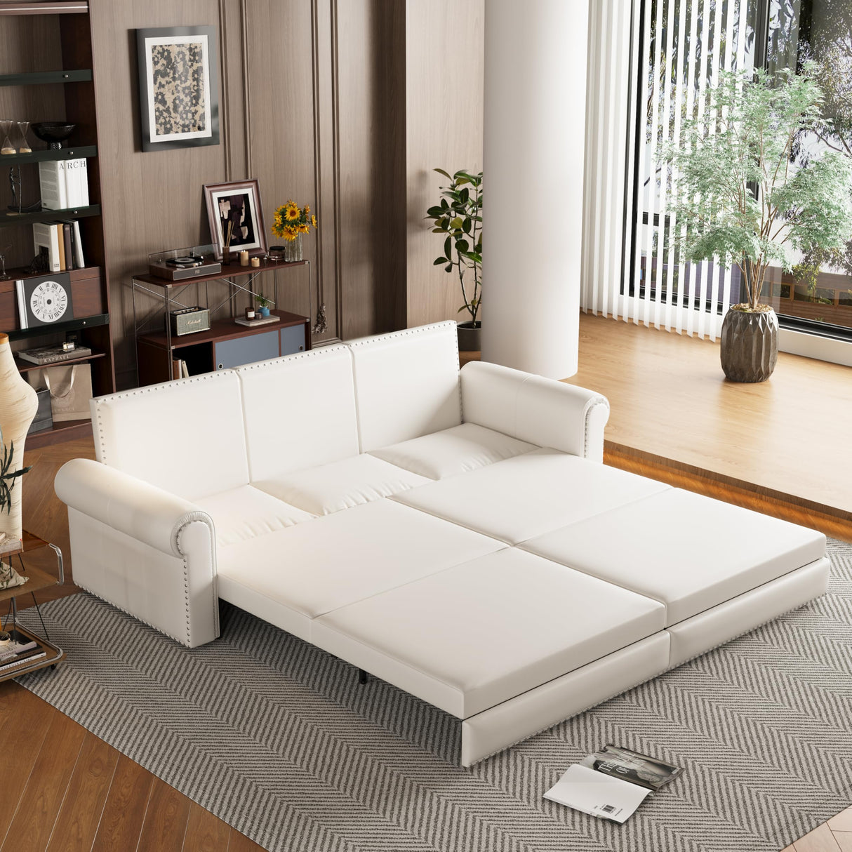 DNChuan 93.7" Chesterfield 3 Seater Pull Out Sofa Bed King Size with Pillows, PU Leather 3-in-1 Convertible Sleeper Couch with Nails Trim, Space Saving for Living Room, Cream White DNChuan