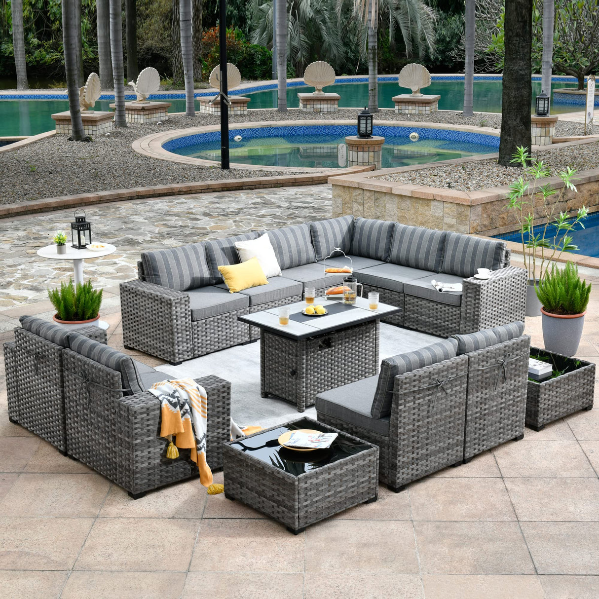 HOOOWOOO 13 Piece Modular Patio Outdoor Sectional Furniture Set with Gas Propane Fire Pit Table,Wicker Conversation Sofa Set,Out Door Couch Set with Wide Arm Outside(Grey Stripes) HOOOWOOO