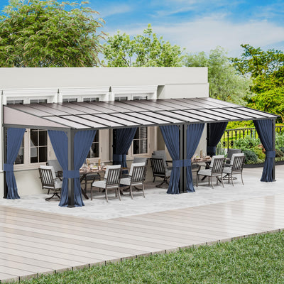 RTDTD 10' x 28' Gazebo,Hard Top Lean to Gazebo Wall Mount Heavy Hardtop Gazebo Outdoor Pergola with Curtains and Netting for Patio Garden Lawn Backyard Deck (Navy)