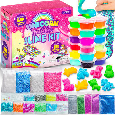 Original Stationery Unicorn Sparkle Slime Kit - 50-Piece Set with 18 Pre-Made Cups & DIY Accessories - Glitter Slime Kit for Girls