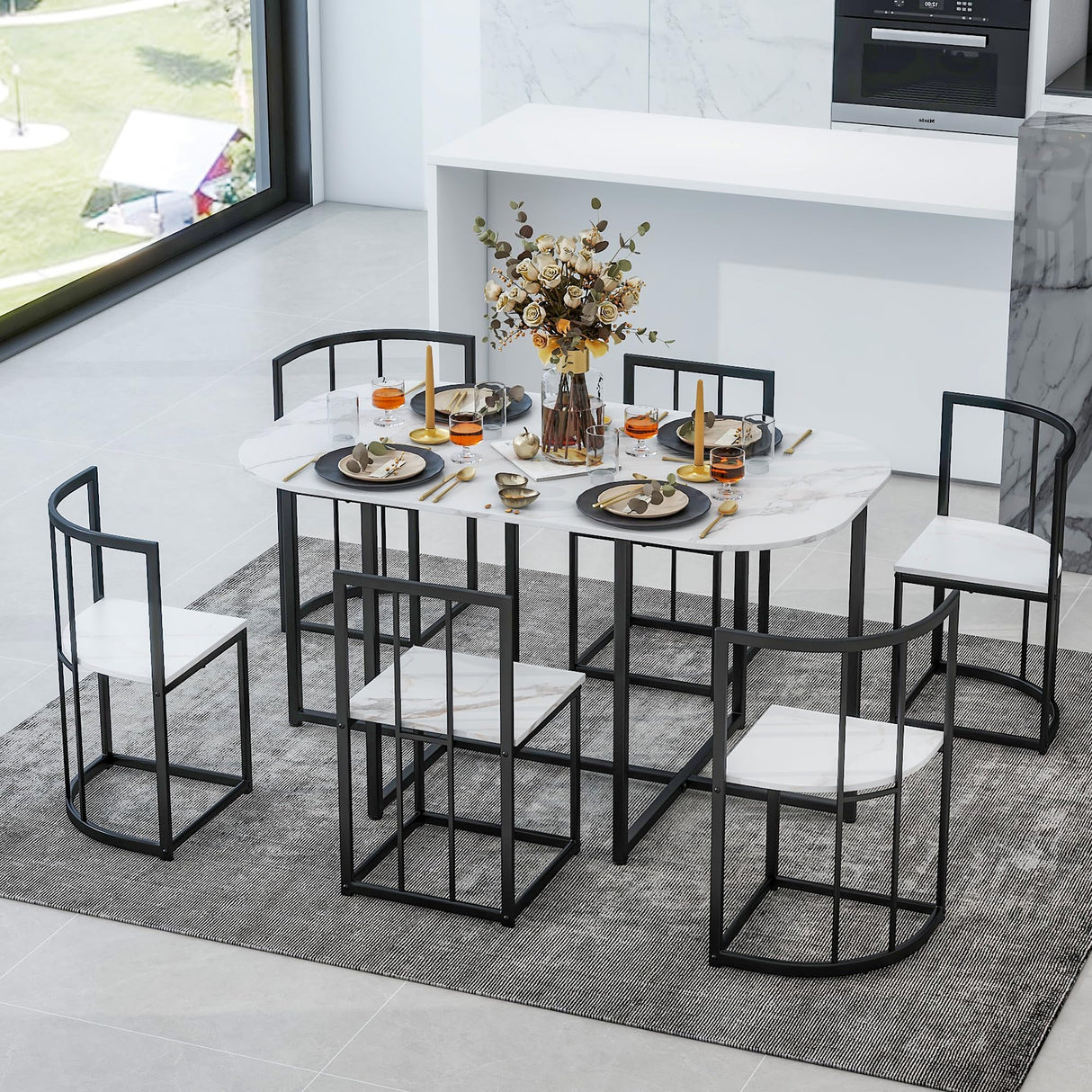 Merax 7 Piece Dining Table Set with Chairs for Saving Space Metal Kitchen Dining Room Table Set for 6 Persons, Black White Merax