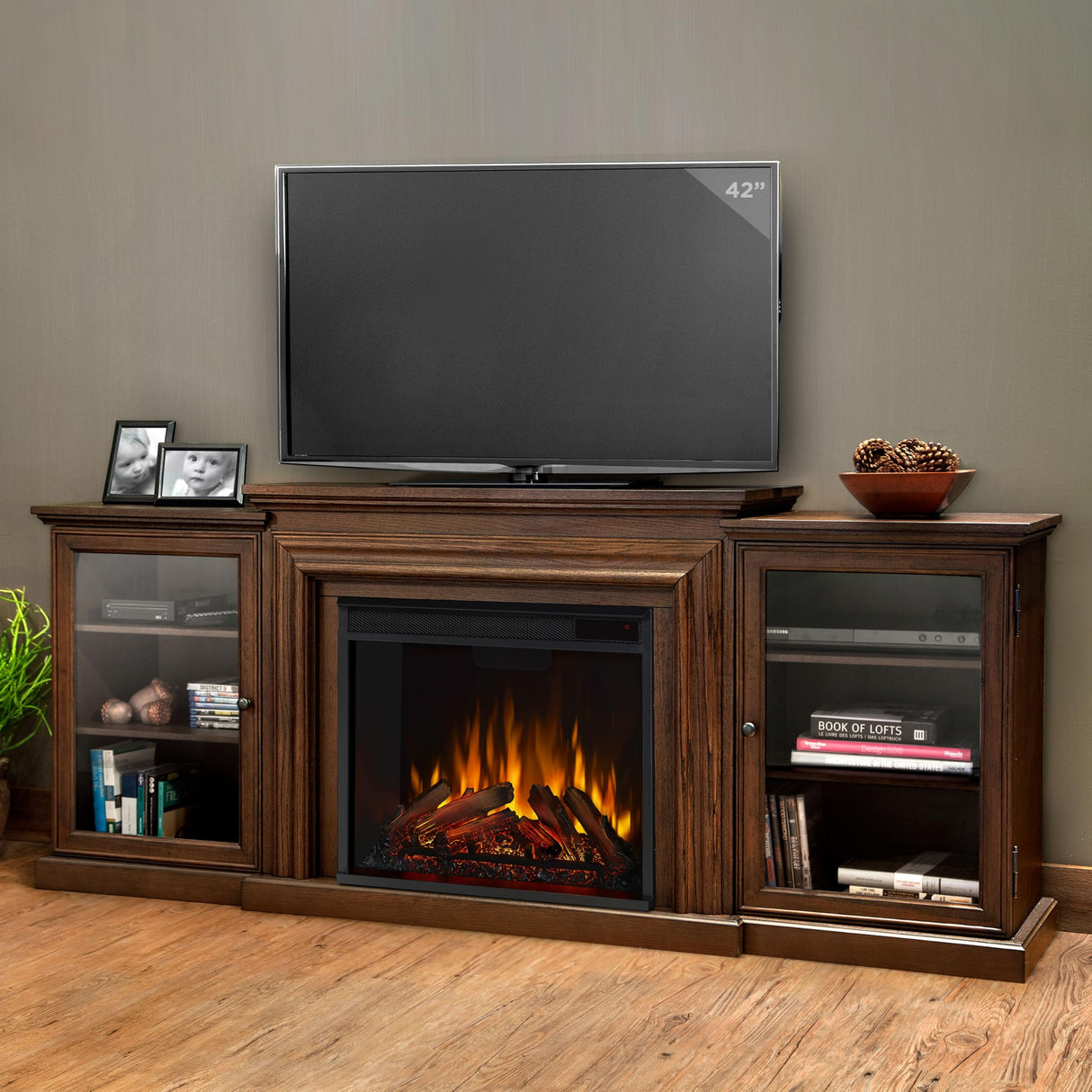 Real Flame Frederick 72" Electric Fireplace TV Stand for TVs up to 70 inches, Entertainment Center with Adjustable Shelves and Storage, TV Stand for Living Room and Bedroom, Remote Control, Timer Real Flame