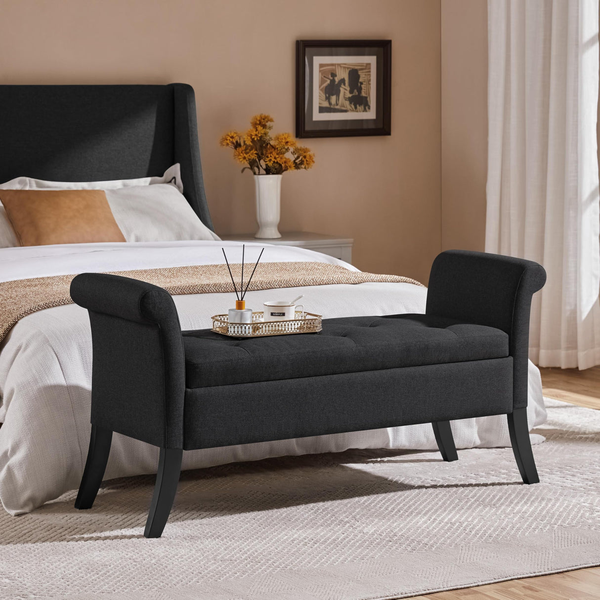 Yaheetech 52in Ottoman Bench Folding Storage Ottoman Bench Tufted Fabric Entryway Bench with Arms Footstool with Large Storage Foot Rest Seat Rolled Arms Cushioned Ottoman Black Yaheetech