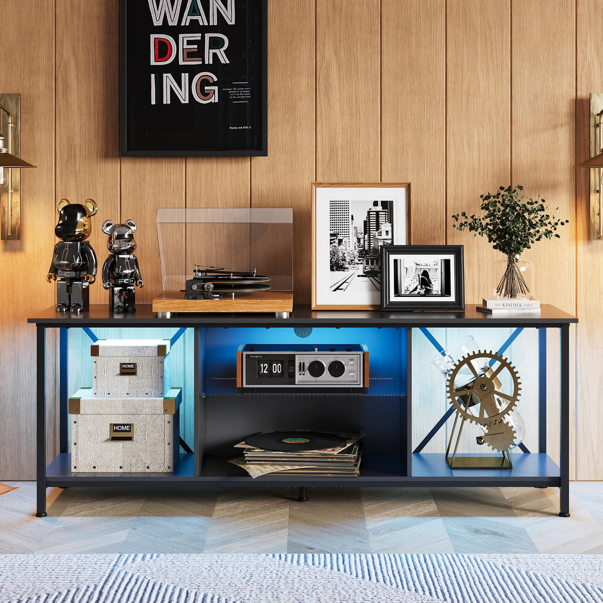 WLIVE TV Stand up to 65 Inch TV, 55" Entertainment Center with LED, Industrial TV Console with Glass Shelf for Living Room and Bedroom, Black WLIVE