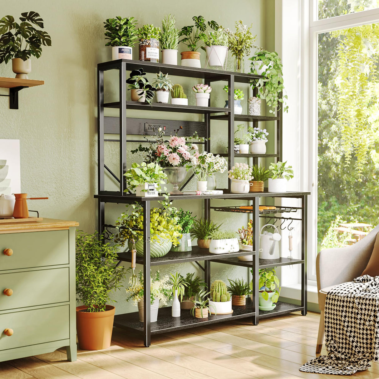 SUPERJARE Larger Bakers Rack with Power Outlets, 6-Tier Microwave Stand, Coffee Bar with 12 S-Shaped Hooks, Kitchen Shelf with Wire Basket, 47.2 x 15.5x 66.9 Inches, Black SUPERJARE