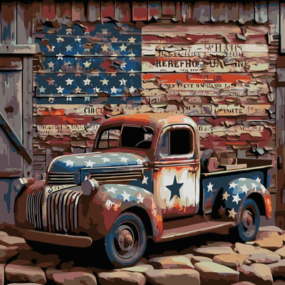 CHWGLFGG Vintage Truck Paint by Numbers Kit for Adults On Canvas,DIY Easy Adult Paint by Number Kits American Flag,Paint by Color Acrylic Paint Painting Home Wall Decor 16x16inch (Without Frame)