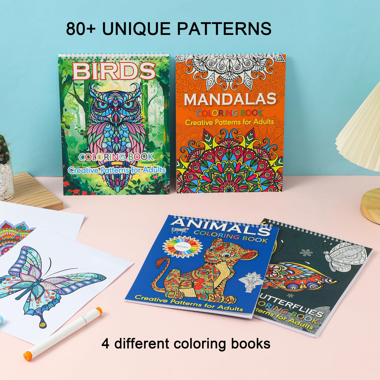 Silunkia Adult Coloring Books Set 8.5 x 11 Inch - 4 Books Adult Animal Butterfly Bird Mandala Design, Coloring Books for Adults to Relax and Relieve Anxiety - Top Spiral Binding is Easier to Use