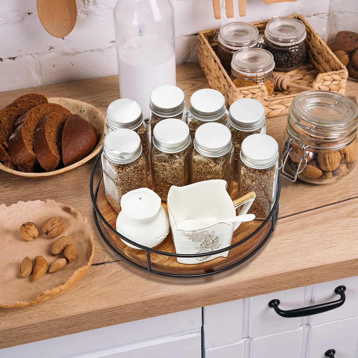 9" Acacia Wood Lazy Susan Turntable, Tomoaza Kitchen Organizer Turntable with Steel Sides, 360 Degree Turntable for Countertop Cabinet or Dining Table Tomoaza