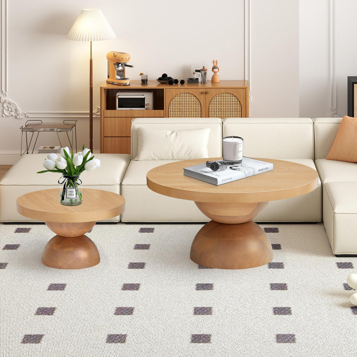 Solid Wood Round Nesting Coffee Table Set of 2, Circle Accent Tables with Unique Semi-Circular Legs, Mid Century Modern Side End Table Set for Small Space Living Room Office (Natural Oak) LEVNARY