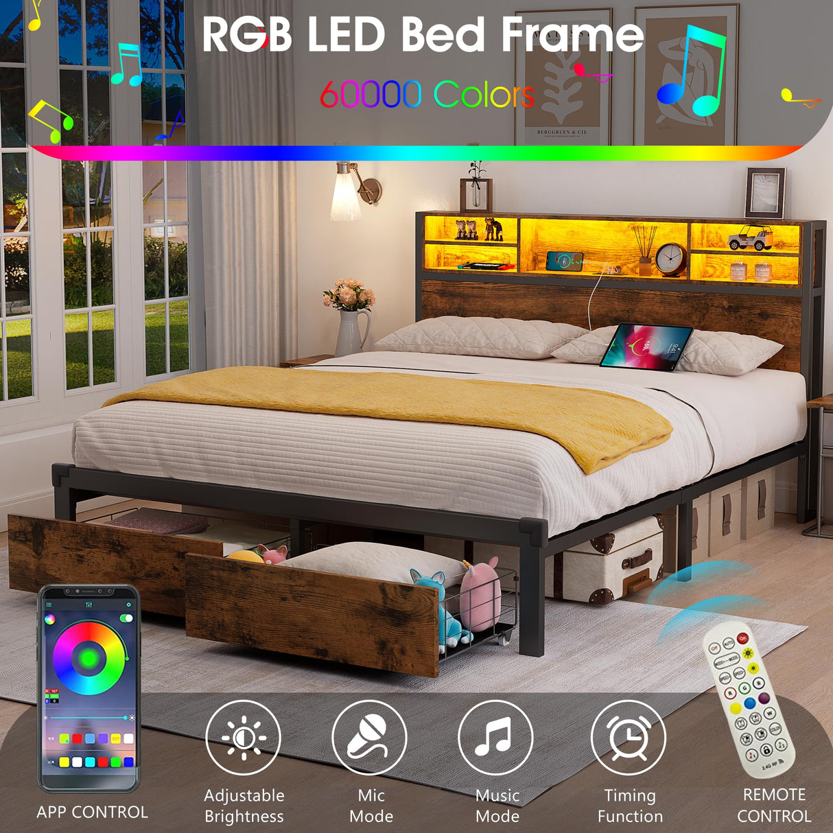 Alohappy Full Size Bed Frame with Storage Headboard and Drawers, Metal Platform Bed Frame RGB Led Lights and with Charging Station, No Nosie No Box Spring Needed (Full) Alohappy