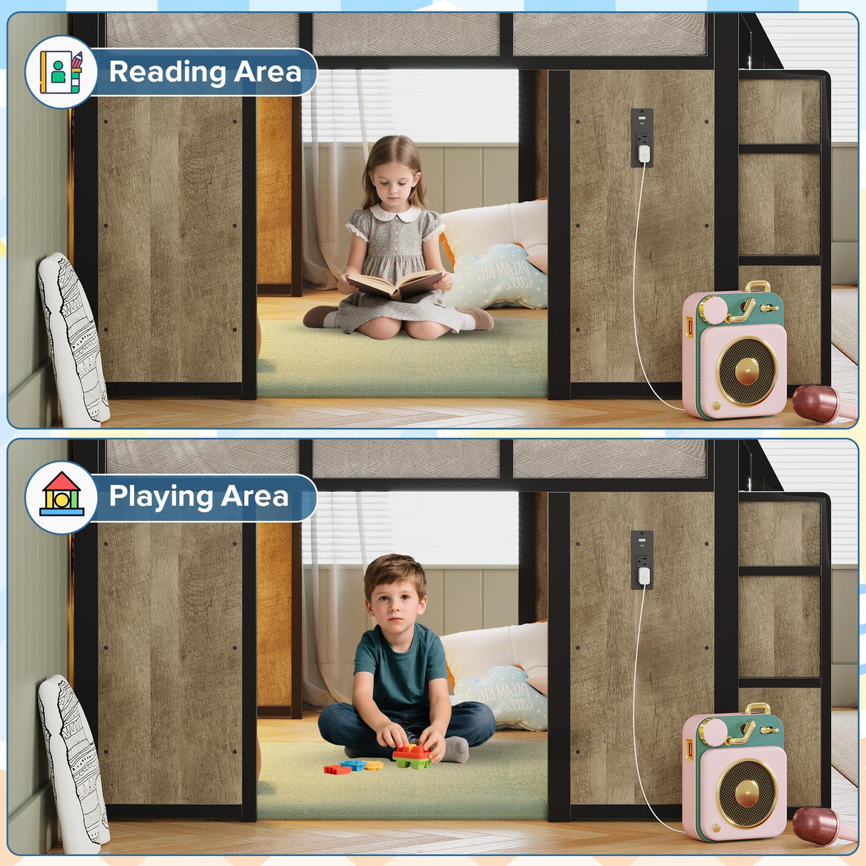 BYSAUD Twin Loft Bed, Low Loft Bed Twin with 5 Drawers, 6 Storage Bookcase & Under-Bed Play Space, Loft Beds for Kids with LED Lights & Charging Station, 15.8" H Safety Guardrails, Oak Gray BYSAUD