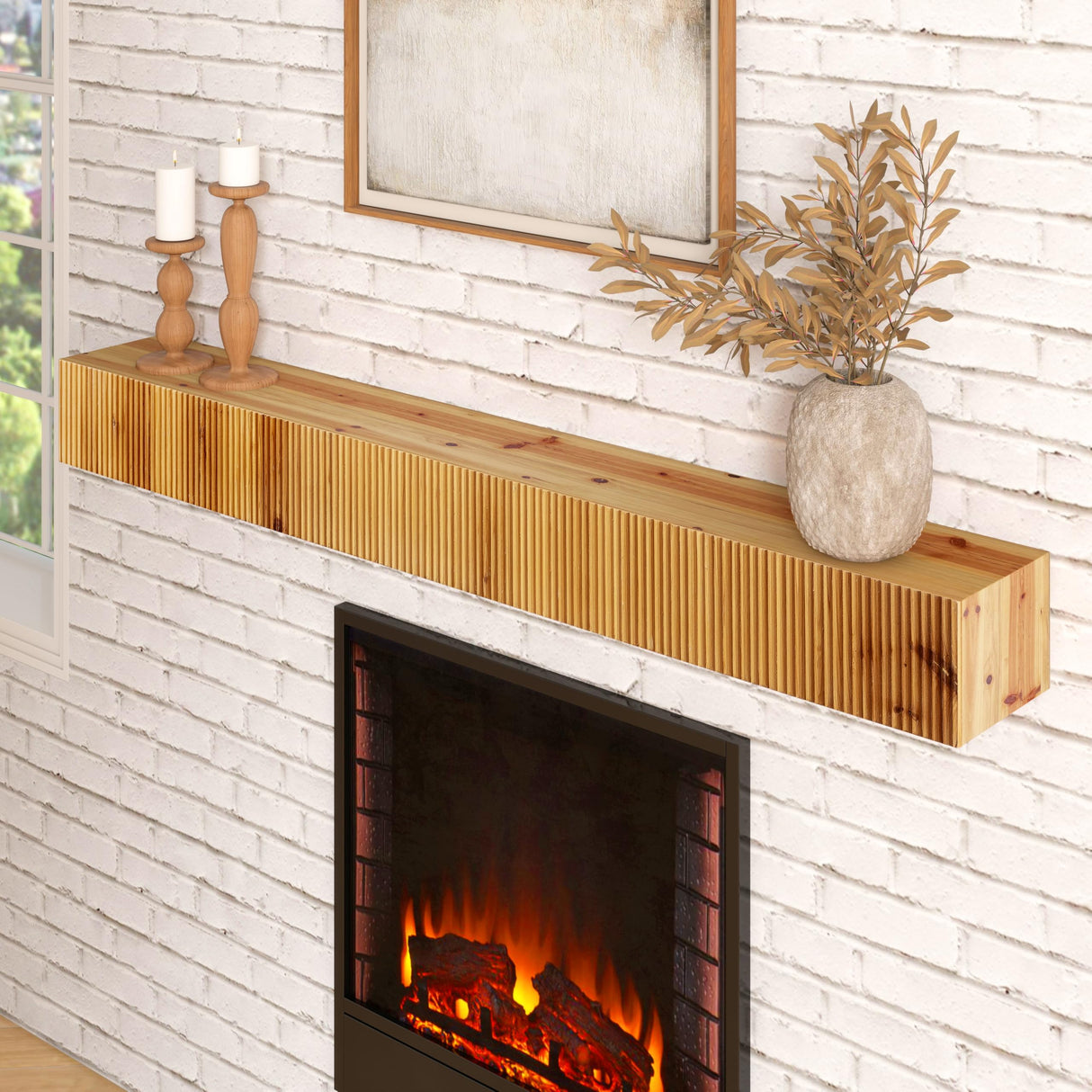 blingworld Fireplace Mantle, 60" Fluted Floating Mantel Shelf for Over Fireplace or Under TV, Rustic Handcrafted Wood Floating Shelves for Living Room Bedroom Kitchen Wall Decor, Natural blingworld