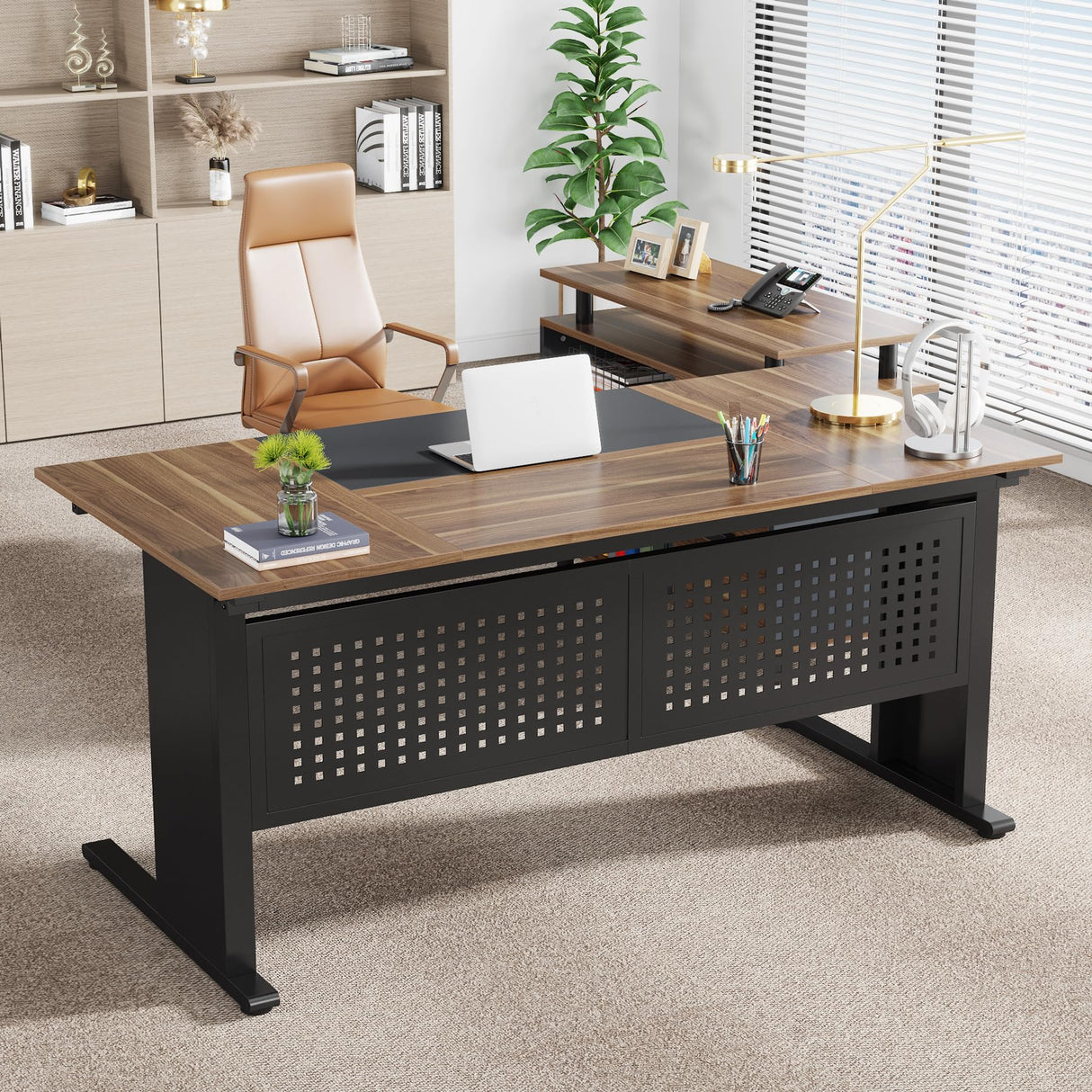 LITTLE TREE Large Computer Desk with File Cabinet, 63 Inch L Shaped Executive Office Desk with Drawers and Storage Shelves, Business Furniture Workstation for Home Office LITTLE TREE