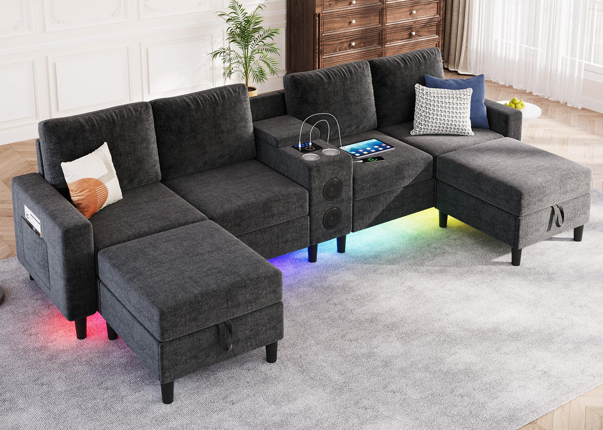 ZSDT Sectional Couches for Living Room, 6 Seat Sectional Sofa Smart Module-Bluetooth Speaker/RGB Light/Charging Station, Chenille U Shaped Couch with 2 Movable Storage Ottomans (Dark Grey) ZSDT