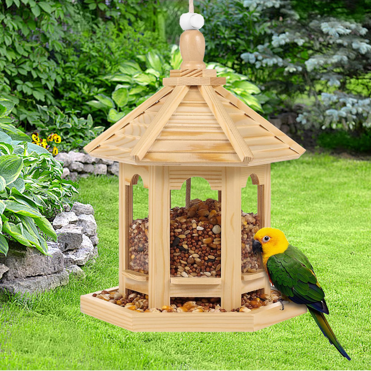 Wooden Bird Feeder for Outside Garden,Hanging Bird Feeders Wood Hexagon Shaped Gazebo Bird Feeder Large Capacity,Wood House Bird Feeder for Cardinal Sparrow Finch AiduduPet