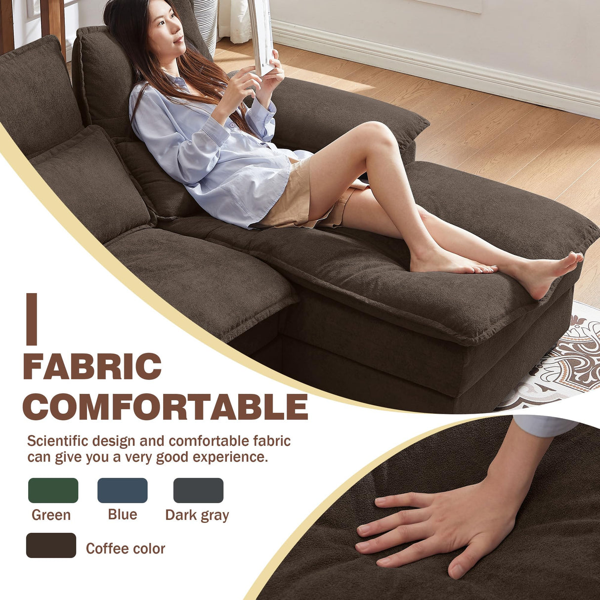 Chireca 110" Convertible Sectional Sofa, U Shaped Comfy Cloud Couch with Double Chaise and Padded Armrests, Modern Upholstered 4 Seater Sofa for Living Room, Apartment, Office, Coffee Chireca