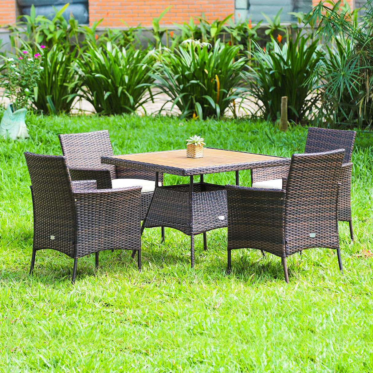 Tangkula 5 Pieces Wicker Patio Dining Set, Outdoor Acacia Wood Dining Furniture with 4 Armrest Chairs & 1 Dining Table, Rattan Conversation Set with Cushions & Umbrella Hole for Backyard Garden Porch Tangkula