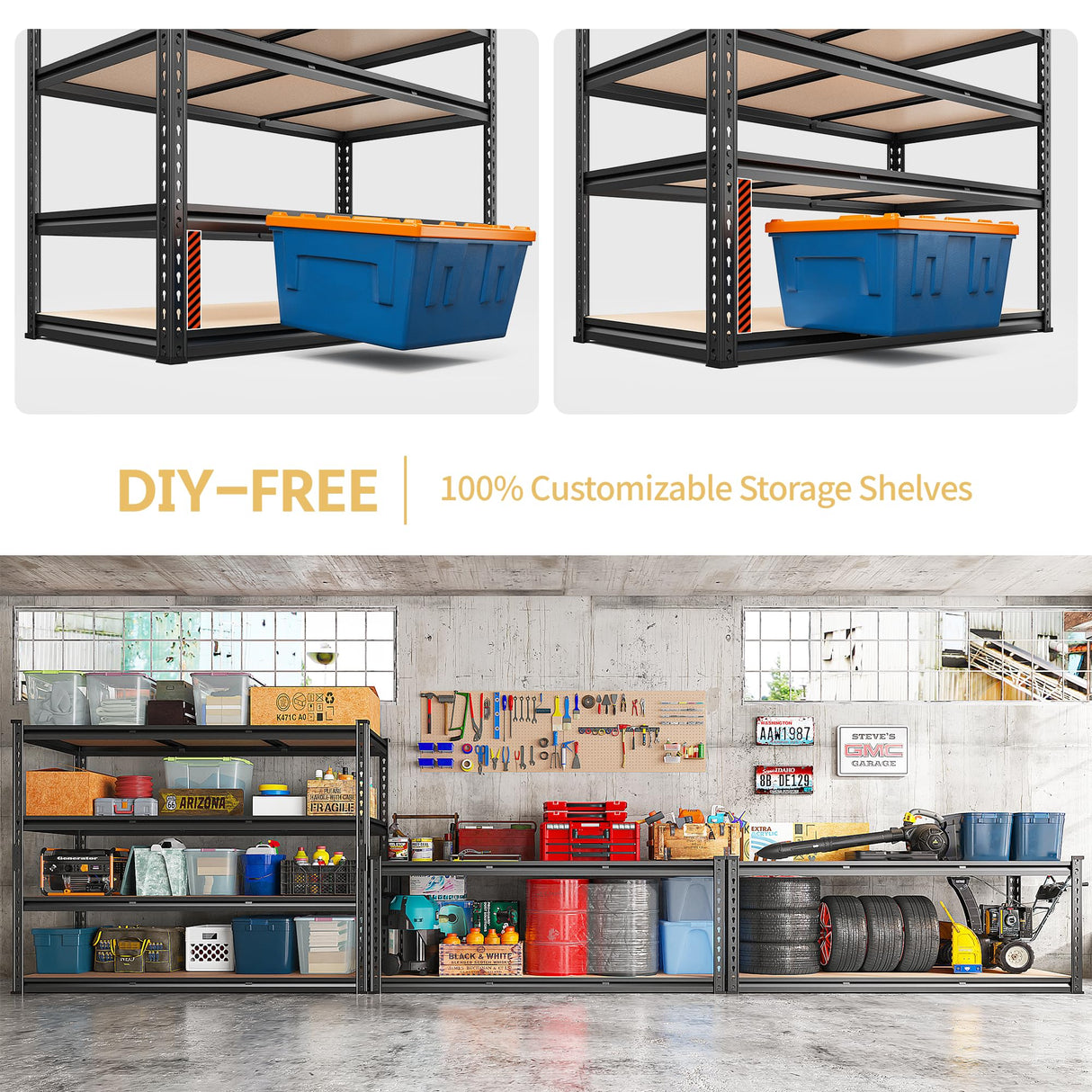 REIBII 48.2''W Garage Shelving Heavy Duty Shelving 2500LBS Storage Shelves Adjustable Garage Storage Shelf 4 Tier Metal Shelves for Storage Rack Industrial Metal Shelving Unit, 48.2"W X 24.2"D X 60"H REIBII