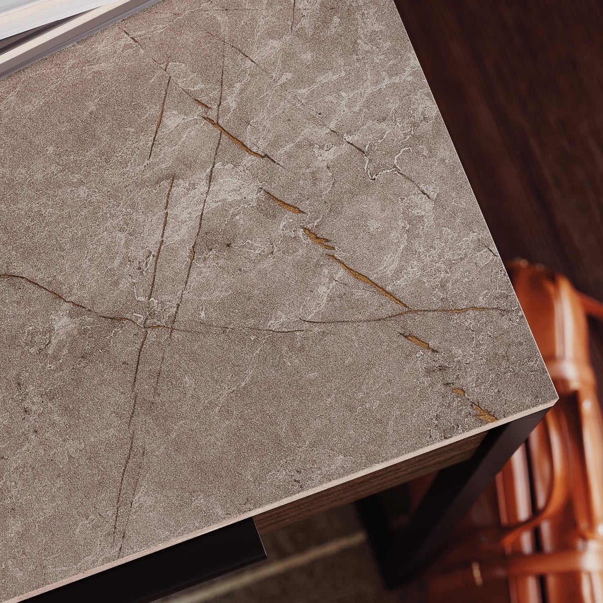 Sauder International Lux Modern L-Shaped Desk, L: 65.98" x W: 60.0" x H: 29.72", Umber Wood finish Sauder