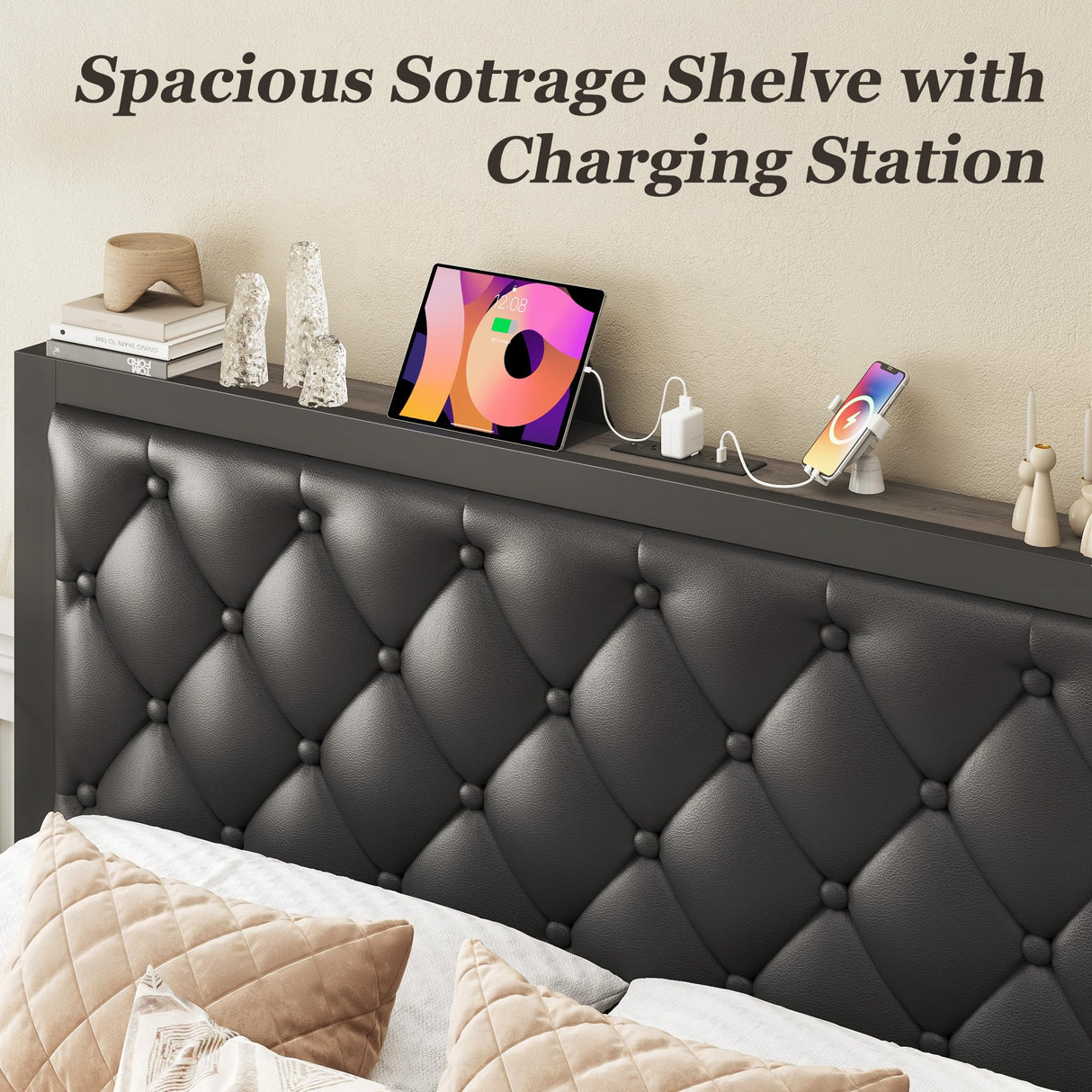 Fluest Queen Bed Frame with 2 Storage Drawers, Upholstered Headboard Button Tufted Bed Frame with Charging Station, No Box Spring Needed, Noise-Free, All Metal Structure, Black Fluest