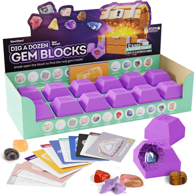 Dan&Darci Dig a Dozen Gem Blocks Mining Kit for Kids - Discover 12 Unique Real Gemstones, Mineral, Rock, Crystals Collection - Archaeology Science Gift Toys Set for Boys & Girls Age 8-12 Gifts