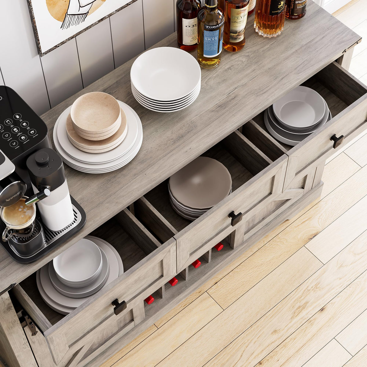 Farmhouse Buffe t Cabinet with Sliding Barn Door - Versatile Coffee Bar & Wine Storage in Washed Gray IDEALHOUSE