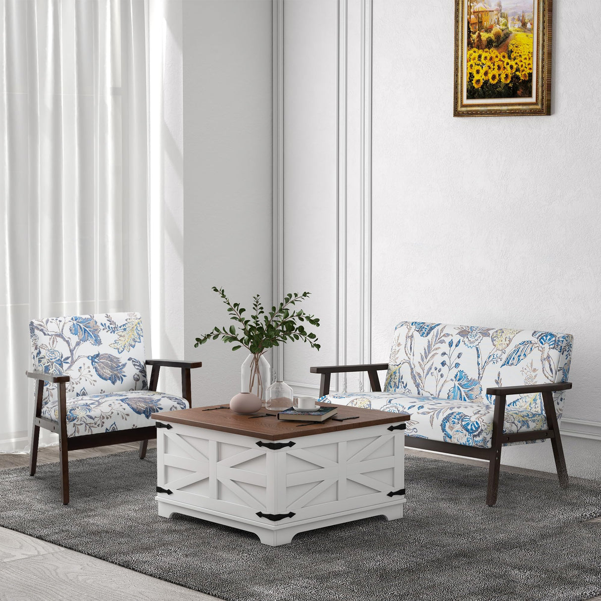 HOMCOM Farmhouse Coffee Table with Storage, Center Table with Hinged Lift Top and Hidden Space, Square Coffee Table for Living Room, White HOMCOM