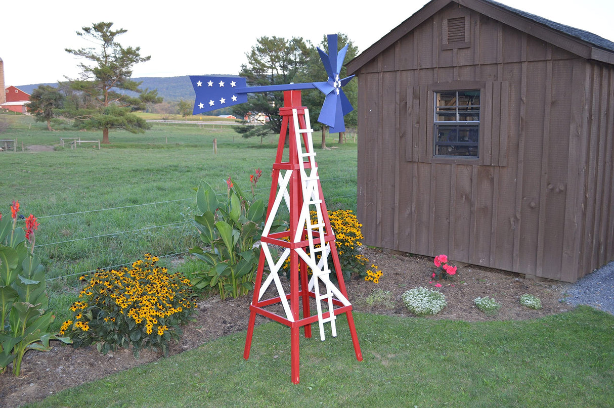 Amish-Made Farm Style Wooden Windmill Yard Decor, Patriotic Red White and Blue Amish Furniture Market