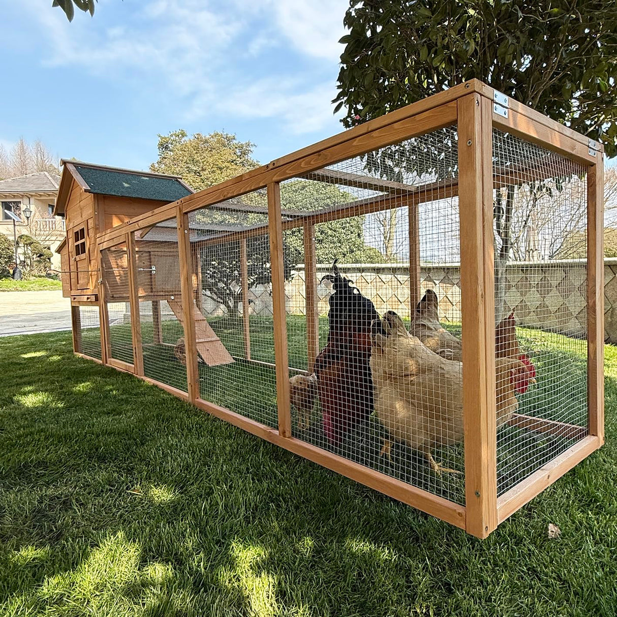 GOJOOASIS 120" Outdoor Wooden Chicken Coop for 4-6 Chickens Hen House Poultry Cage with Run and Nesting Box Indoor and Outdoor Use (D) GOJOOASIS