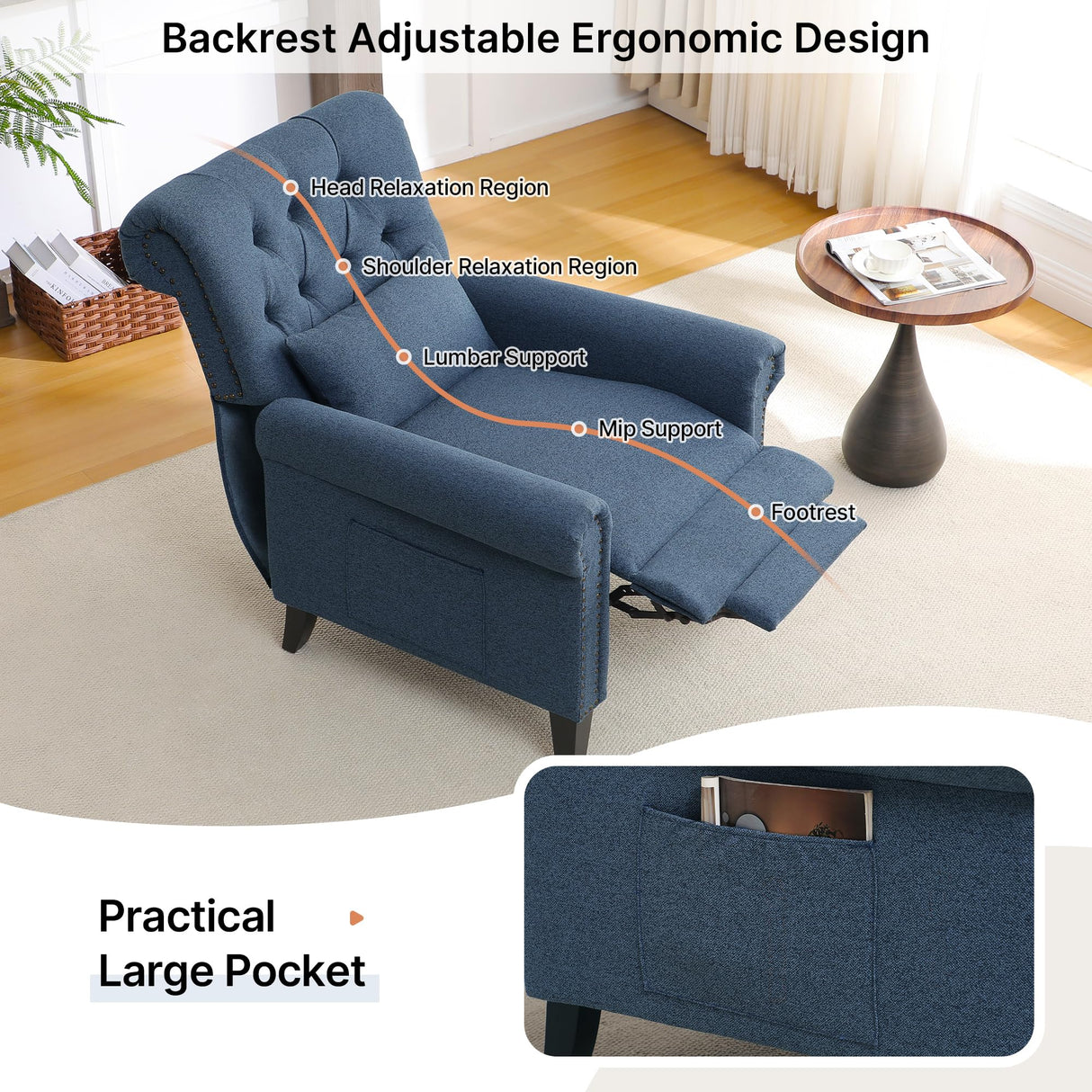 choairy Pushback Recliner Chair, Accent Push Back Chair with Adjustable Footrest Wingback, Upholstered Linen Fabric Reclining Sofa with Side Pocket, Comfy Modern Armchair for Living Room, Navy Blue choairy