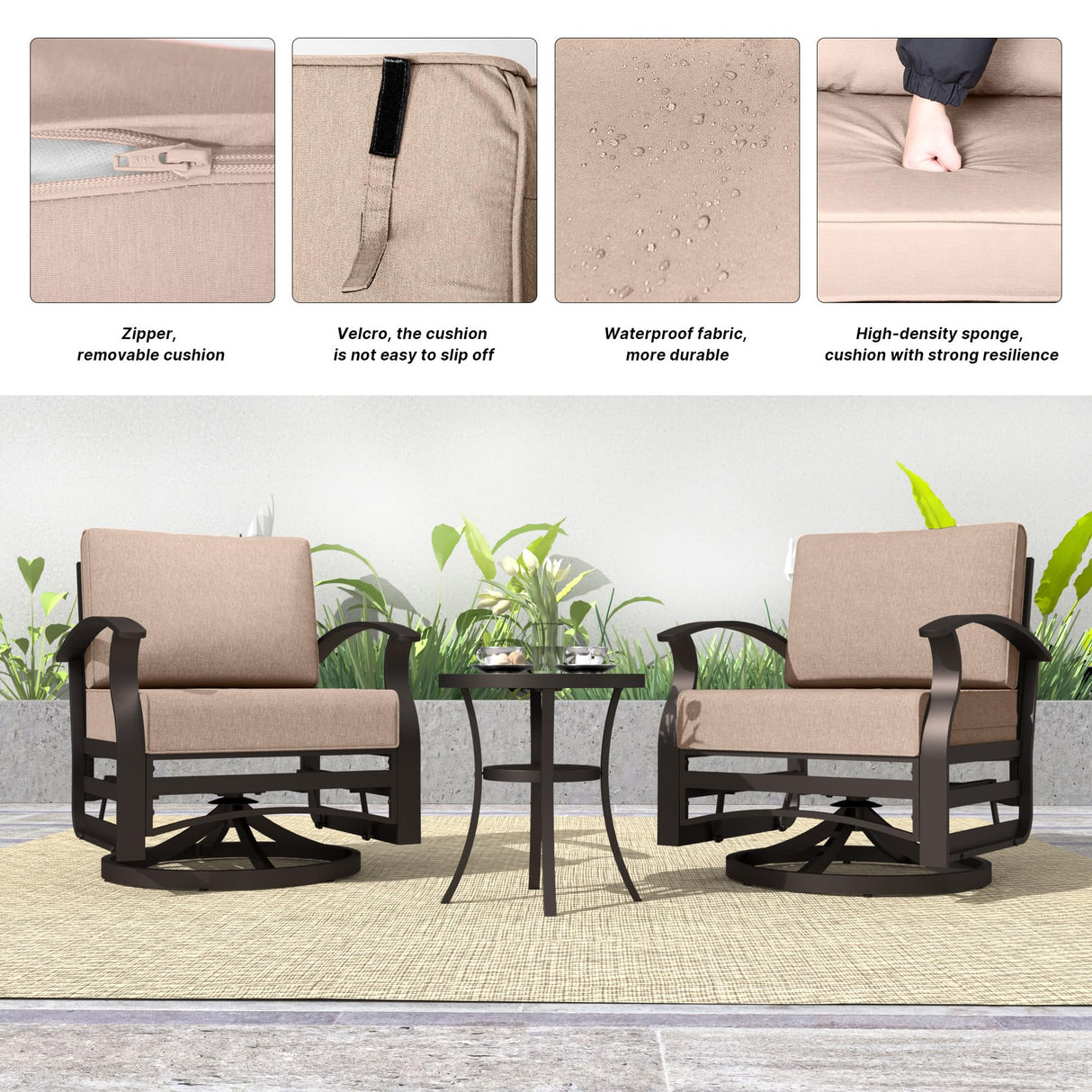 Kurapika 3 Pieces Patio Furniture Set, Outdoor Aluminum Swivel Gliders Rocker, Patio Bistro Set Rocking Chair with Tempered Glass Side Table and Thickened Cushions for Porch Garden Deck (Sand) Kurapika